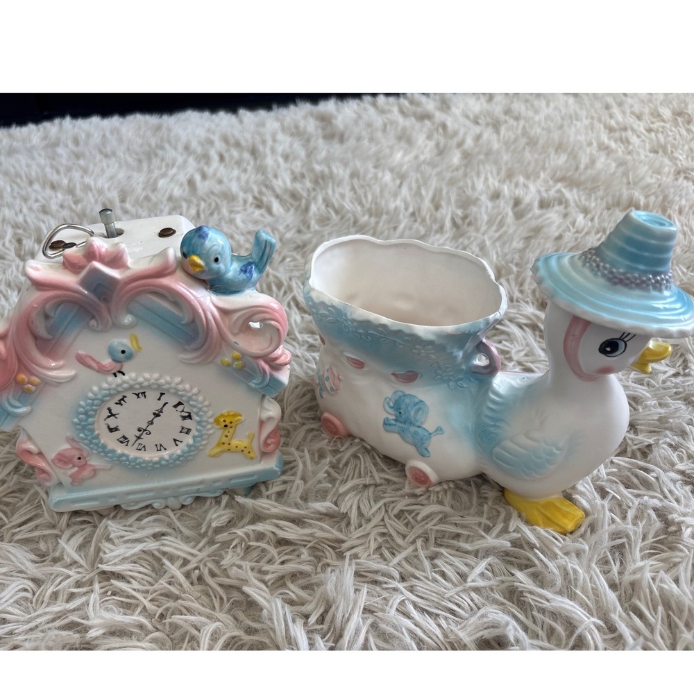 Vintage 60's Napcoware Ceramic Nursery Music Box Clock and Duck Planter Set